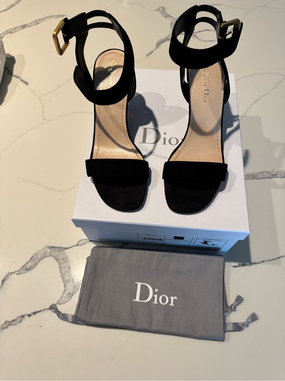 Dior Black Suede Ankle-Strap Heels with Gold Buckles - Size 39.5